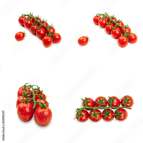 Fresh cherry tomatoes with water drops on a white background.