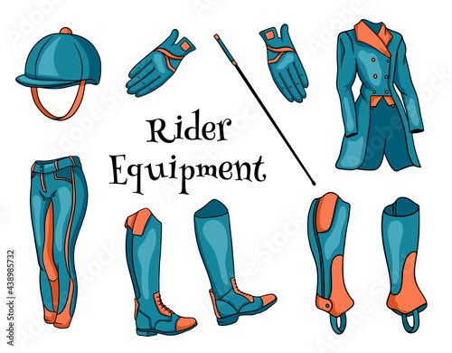 Outfit rider a set of clothes for a jockey boots pedjak pants whip helmet in cartoon style