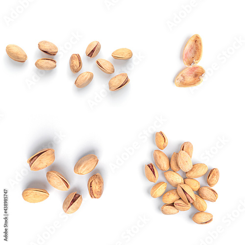 Pistachios on white background. Nuts collection isolated.