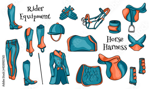 Big set of equipment for the rider and ammunition for the horse illustration in cartoon