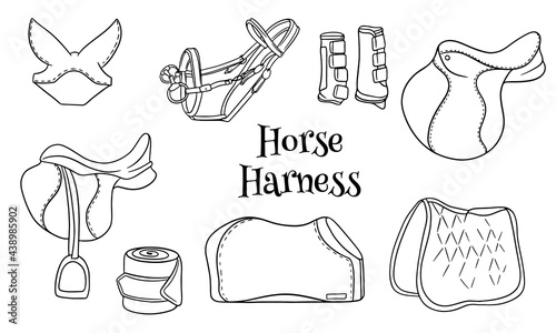Horse harness a set of equestrian equipment saddle bridle blanket protective boots in line style coloring books.