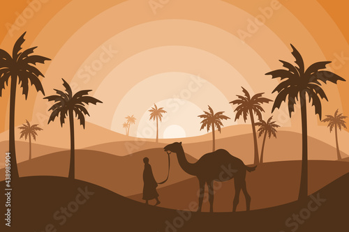 camel and people silhouette background wallpaper  islamic flat style illustration  eid al adha holiday  beautiful sunlight landscape  palm tree  sand desert  vector graphic