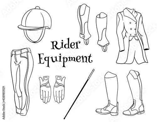 Outfit rider a set of clothes for a jockey boots pedjak pants whip helmet in line style coloring books.