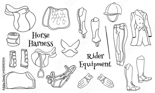 Big set of equipment for the rider and ammunition for the horse illustration in line style coloring books