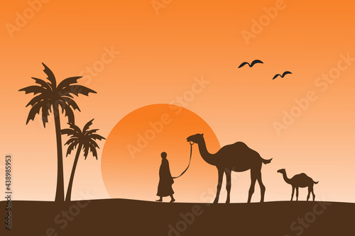 person leading the camel  islamic background illustration wallpaper  eid al adha holiday  beautiful silhouette landscape  sand desert  golden sunlight  vector graphic