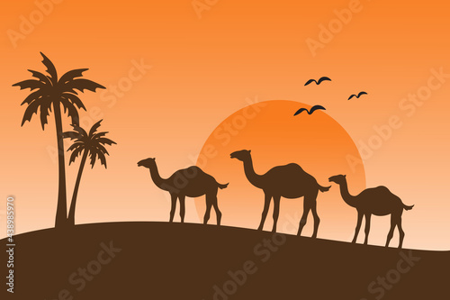 beautiful silhouette camel with palm tree  islamic background illustration wallpaper  eid al adha holiday   landscape sand desert  golden sunlight  vector graphic