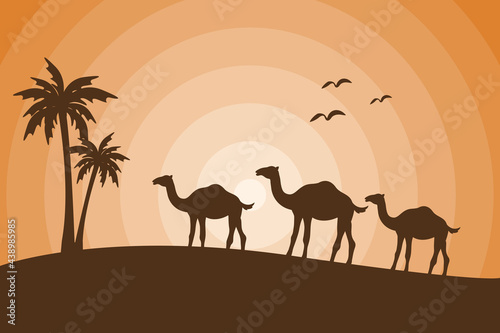 beautiful silhouette camel with palm tree  islamic background illustration wallpaper  eid al adha holiday   landscape sand desert  sunlight  vector graphic