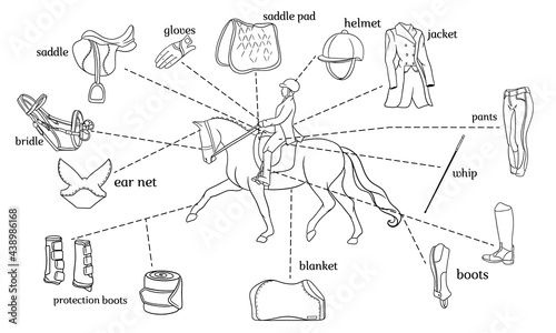 Equestrian sport infographics horse harness and rider equipment in the center of a rider on a horse