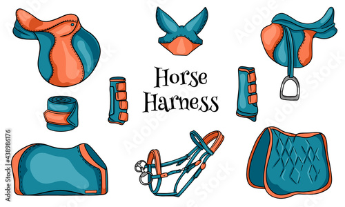 Horse harness a set of equestrian equipment saddle bridle blanket protective boots in cartoon style