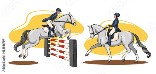 Horse Riding Woman Riding Dressage Horse in Cartoon Style
