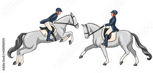Horse Riding Woman Riding Dressage Horse in Cartoon Style