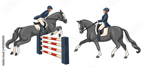 Horse Riding Woman Riding Dressage Horse in Cartoon Style