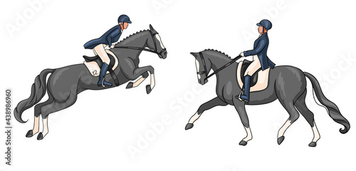 Horse Riding Woman Riding Dressage Horse in Cartoon Style