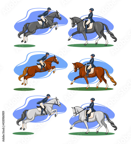 Horse Riding Woman Riding Dressage Horse in Cartoon Style