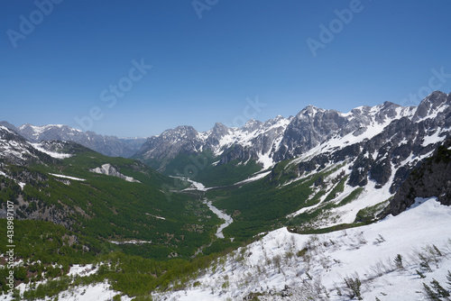 Mountain landscape in the remote village of Theth, hiking path from theth to valbona