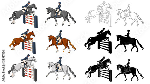 Horse Riding Woman Riding Dressage Horse in Cartoon Style