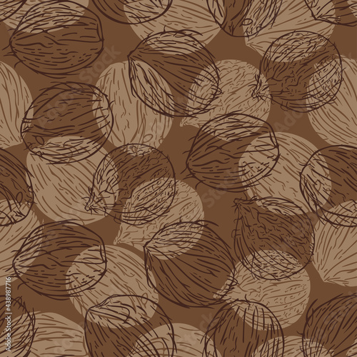 Vector seamless pattern with silhouettes and outlines of coconuts. Design in brown shades.