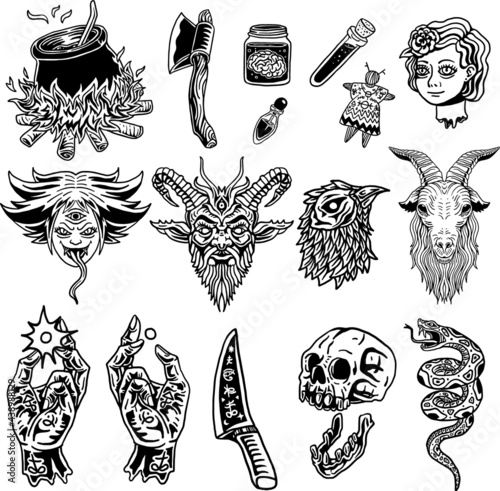 Witchcraft vector icon illustration element, knife, snake, demon, doll head, witch, axe, potions, poison, voodoo, chicken, skull, hands, rituals.