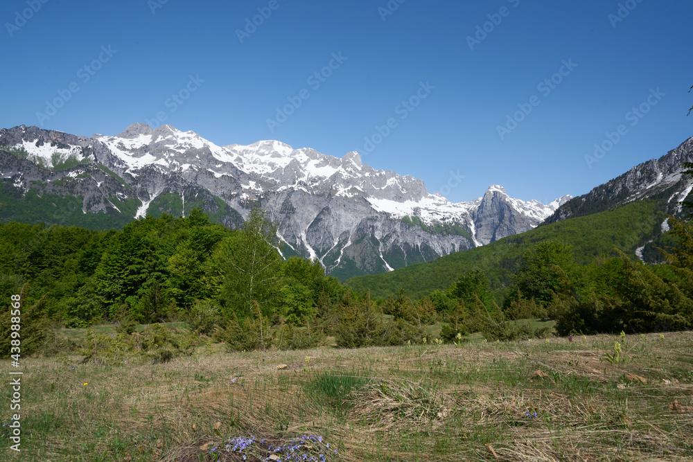 Mountain landscape in the remote village of Theth, hiking path from theth to valbona