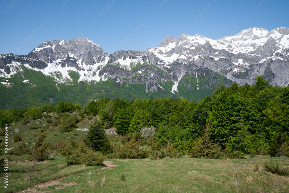 Mountain landscape in the remote village of Theth, hiking path from theth to valbona