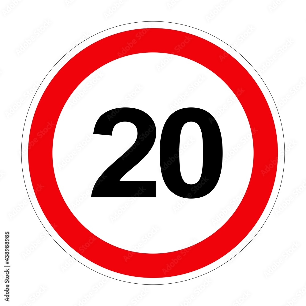 Road sign MAXIMUM SPEED 20 on white background, illustration Road sign MAXIMUM SPEED 20 on white background, illustration