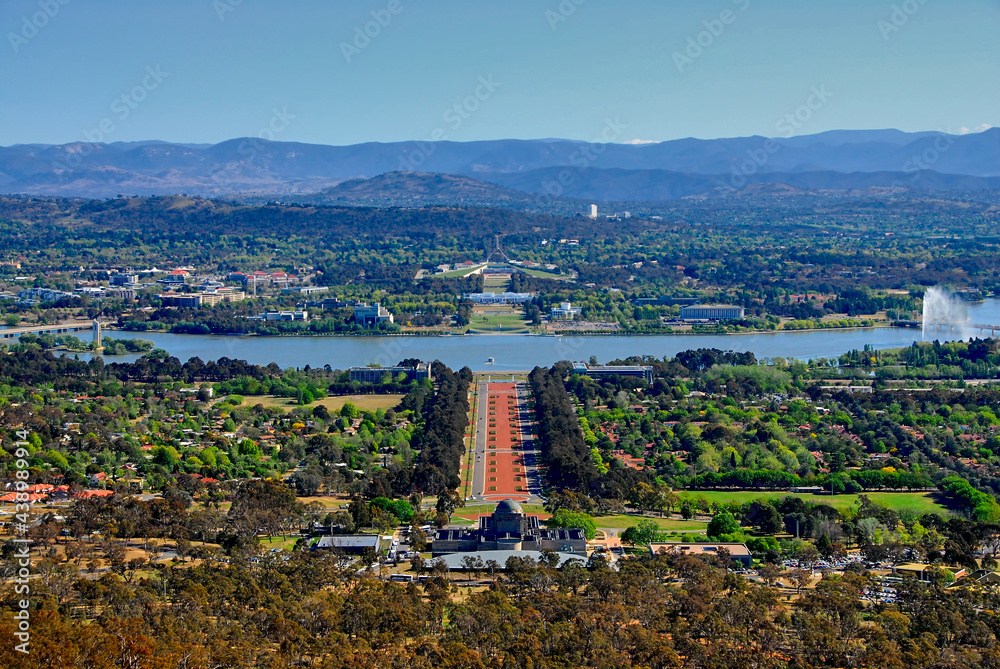Beautiful panoramic view of the Australian capital city of Canberra from Mount Ainslie lookout. 