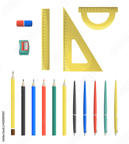 Set of school stationary: pencil sharpener, pencils, pens, triangle, ruler, protractor, eraser  isolated on white background