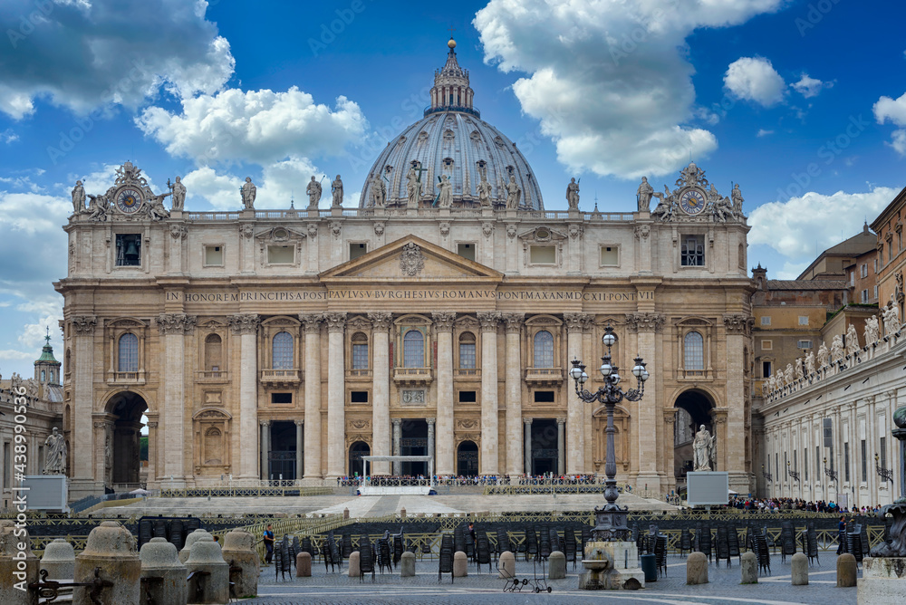 Papal Basilica of Saint Peter and St. Peter's Square in Vatican, Rome, Italy. Architecture and landmark of Rome. Postcard of Rome