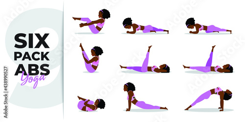 Black lady practicing yoga asana for six-pack abs, set of yoga asana for six-pack abs