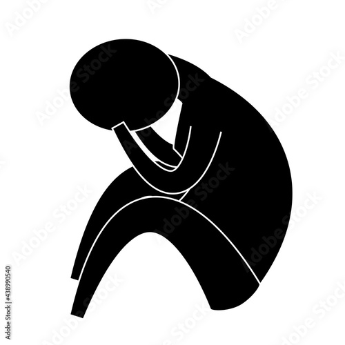 A man sits with his head bowed on his hands and knees. The silhouette is in a pose typical of psychological problems, predicament, depression, despair. Infographic style.