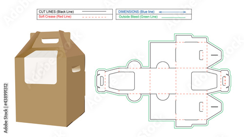 Cake box with handle or hanger assemble without glue, dieline template and 3D box vector editable resizable