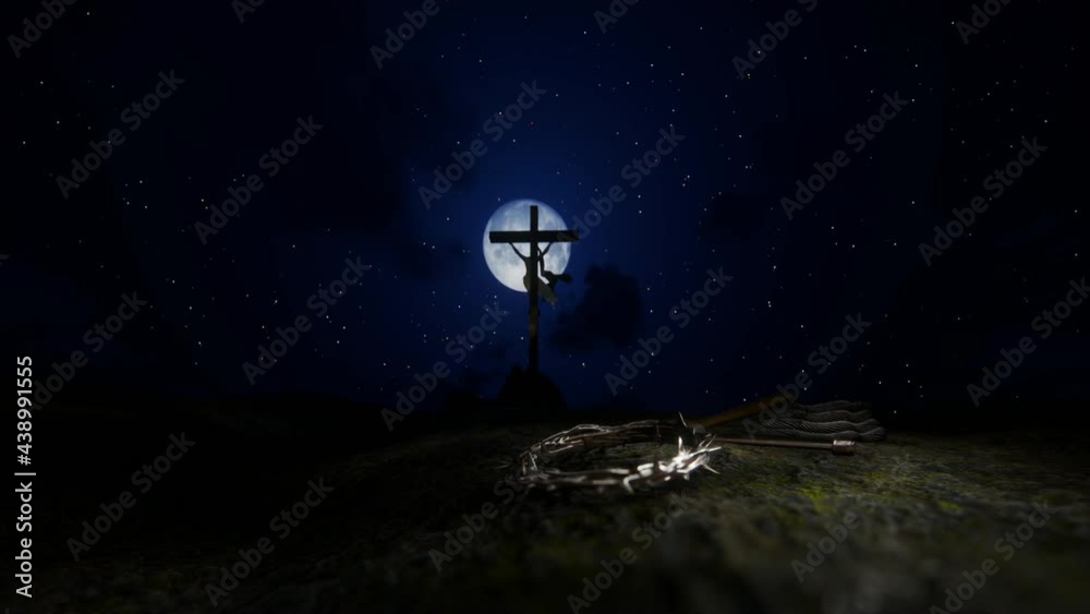 Crucifixion of Jesus Christ with thorn crown, nails, hammer and a rope ...