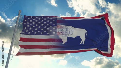 Flag of USA and Wyoming state. USA and Wyoming Mixed Flag waving in wind. 3d rendering photo