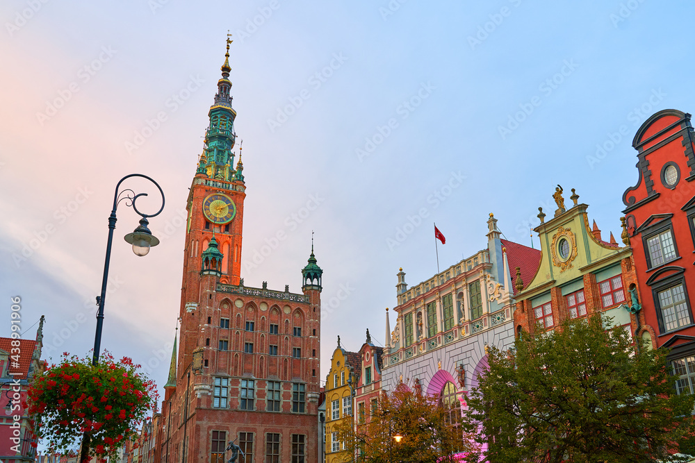Fototapeta premium View of Dlugi Targ or the Long Market, the main tourist attraction of Gdansk, Poland. Many beautiful old houses including the Town Hall and Artus Court.