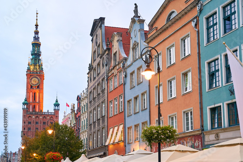 Beautiful old houses including the Town Hall at Dlugi Targ or the Long Market, the main tourist attraction of Gdansk, Poland.