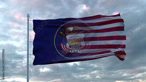 USA and Utah Mixed Flag waving in wind. Utah and USA flag on flagpole. 3d rendering photo