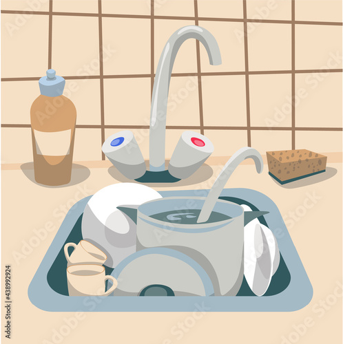 Kitchen sink with dirty dishes, vector illustration. Washing-up and cleaning