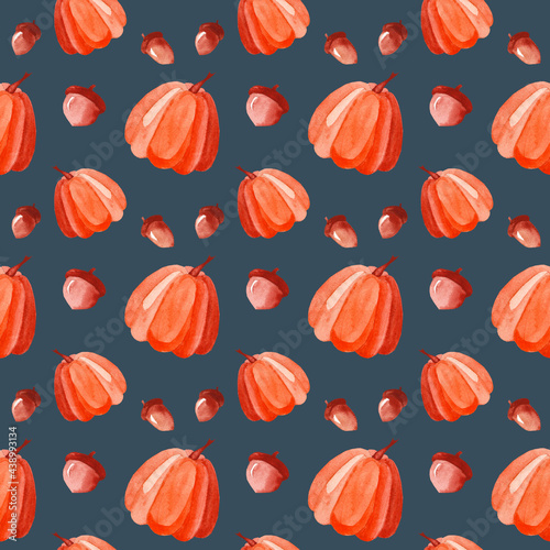 Autumn orange pumpkins, acorns. Seamless watercolor pattern. Autumn season illustration. October harvest. Organic products for the vegetable garden. Nature design. Thanksgiving Day © Tatyana Sidorova