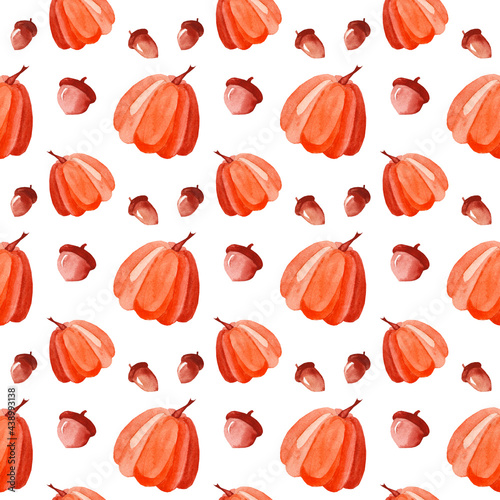 Autumn orange pumpkins, acorns. Seamless watercolor pattern. Autumn season illustration. October harvest. Organic products for the vegetable garden. Nature design. Thanksgiving Day