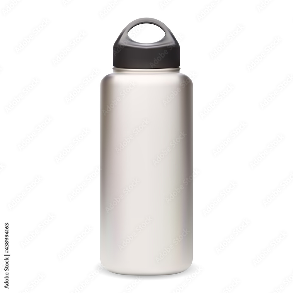 Water bottle. Thermo bottle mockup. Reusable sport bottle vector blank. Silver fitness flask with black cap 3d design. Realistic stainless steel camping can, outdoor equipment product Water bottle. Thermo bottle mockup. Reusable sport bottle vector blank. Silver fitness flask with black cap 3d design. Realistic stainless steel camping can, outdoor equipment product
