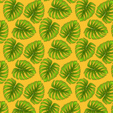 Tropical seamless pattern with exotic leaves in cartoon style
