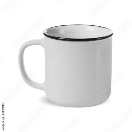 Camp mug. White enamel camping cup mockup isolated template. Coffee drink tin for custon engraving. Retro teacup with handle, realistic enamelware