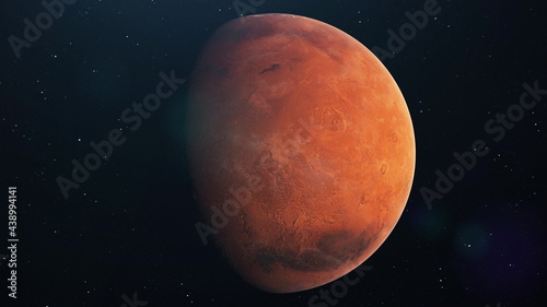 Mars planet spinning in open space over stars background. Front view of Mars planet from space with beautiful galaxy. 3d rendering