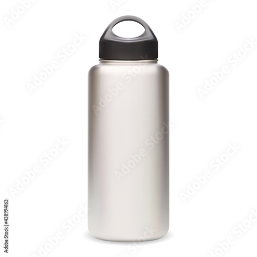 Water bottle. Thermo bottle mockup. Reusable sport bottle vector blank. Silver fitness flask with black cap 3d design. Realistic stainless steel camping can, outdoor equipment product