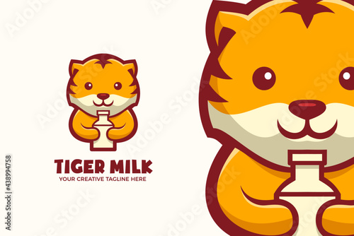 Baby Tiger Drink Milk Mascot Character Logo Template