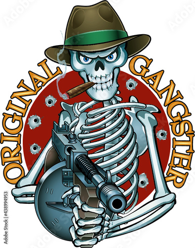 gangster skeleton holding machine gun