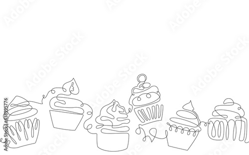 Horizontal Seamless Border Pattern with Cupcakes. Vector Background. 