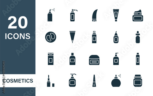 Beauty Cosmetic Products for Body, Skin and Hair Care. Bottles with Spray, Dispenser, Cream Jar, Tube and different Containers for Care. Set of Cosmetic Bottle Silhouette Icons. Vector illustration
