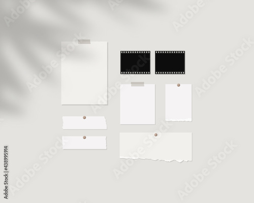 Mood board mockup template. Empty sheets of white paper on the wall with shadow overlay. Mockup vector isolated. Template design. Realistic vector illustration.