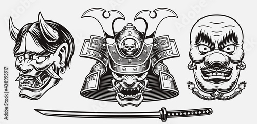 Black and white samurai-themed illustration